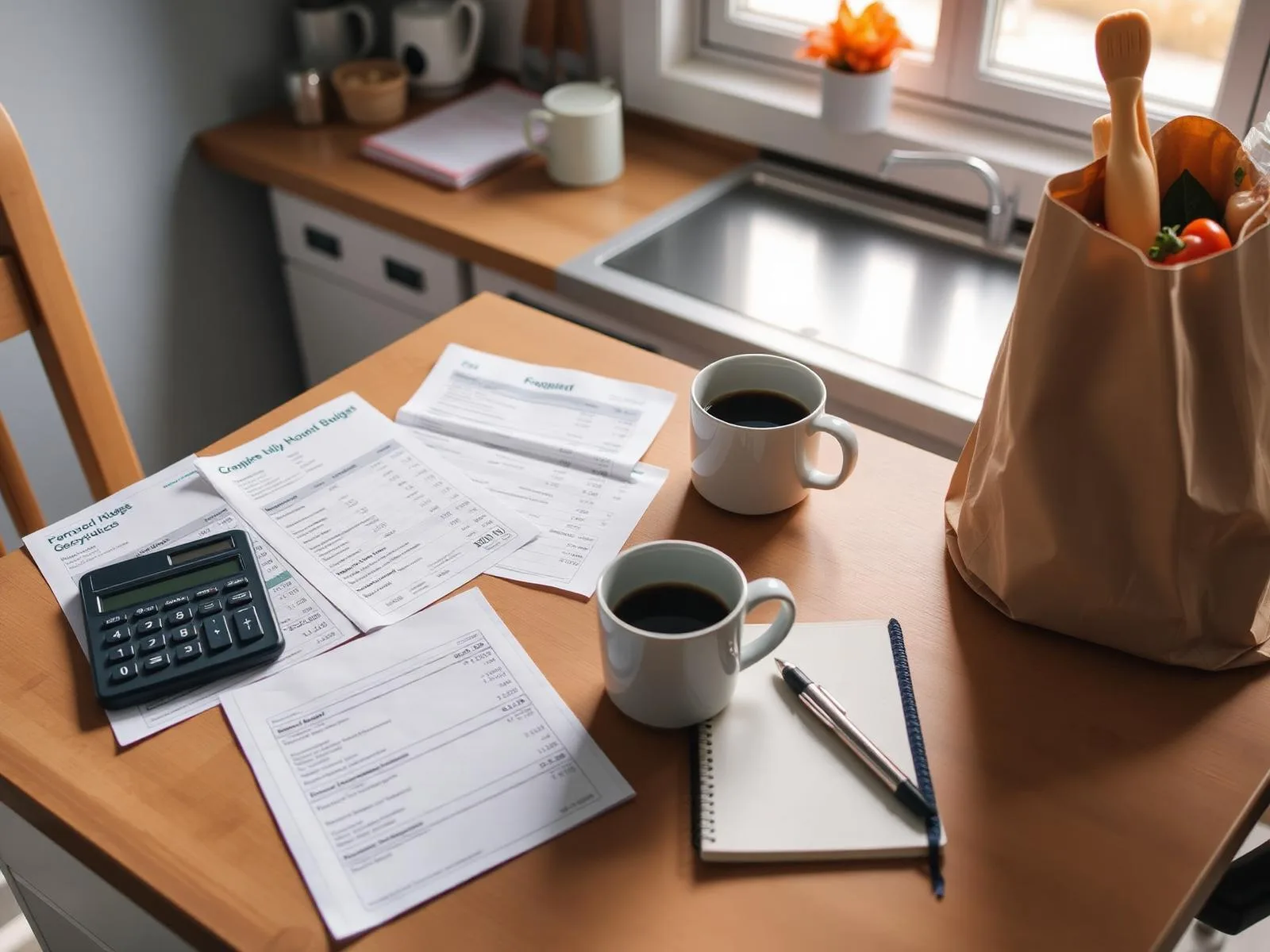 Kitchen table with household bills, a calculator, notebook, coffee mugs, and a bag of groceries.