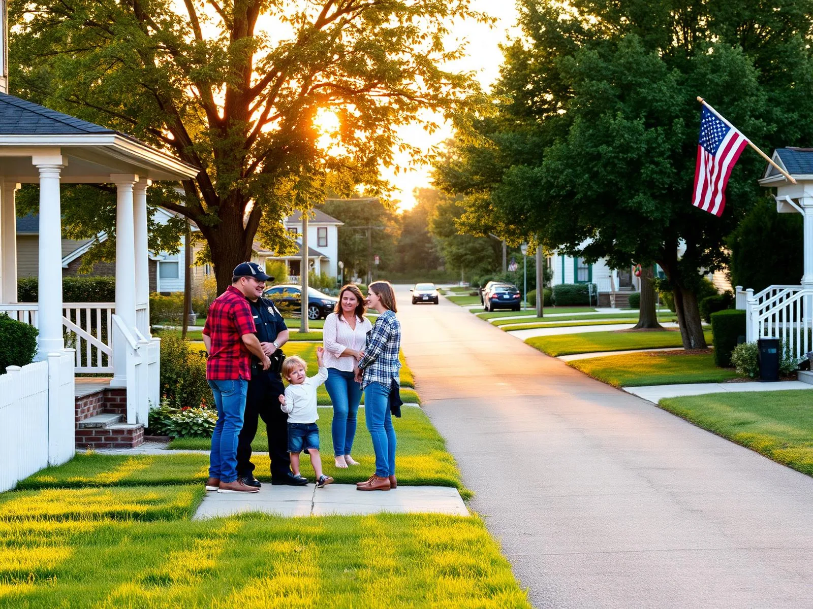 A local police officer chatting with a family on a quiet neighborhood sidewalk at golden hour.