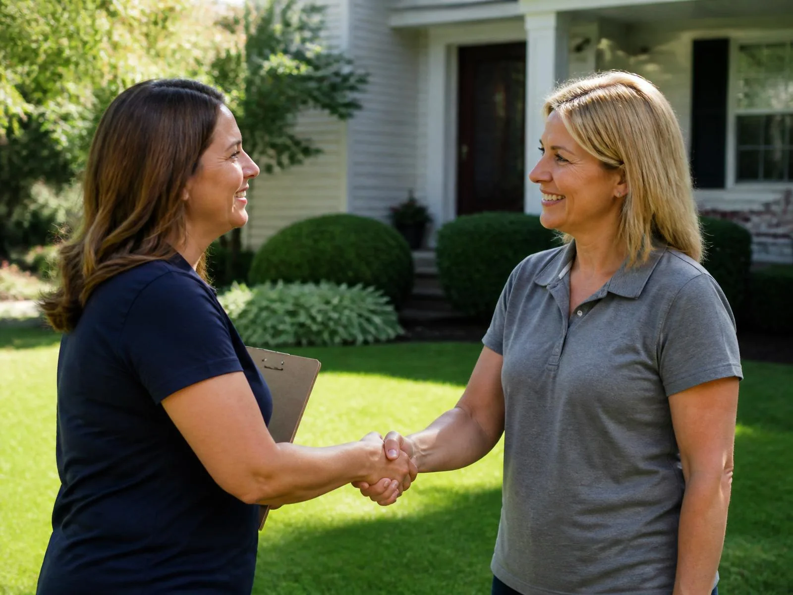 A campaign volunteer with a clipboard shaking hands with a neighbor on a suburban front lawn.