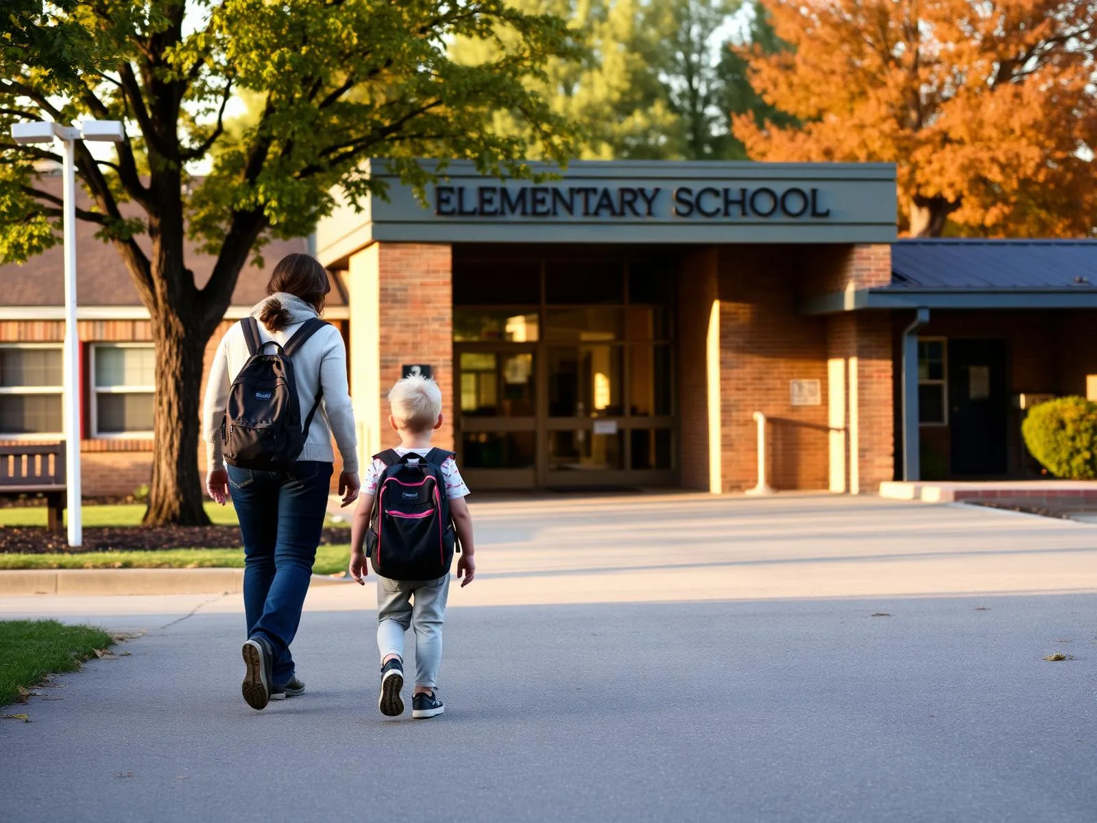 Parent walking a child to a local elementary school in the morning.